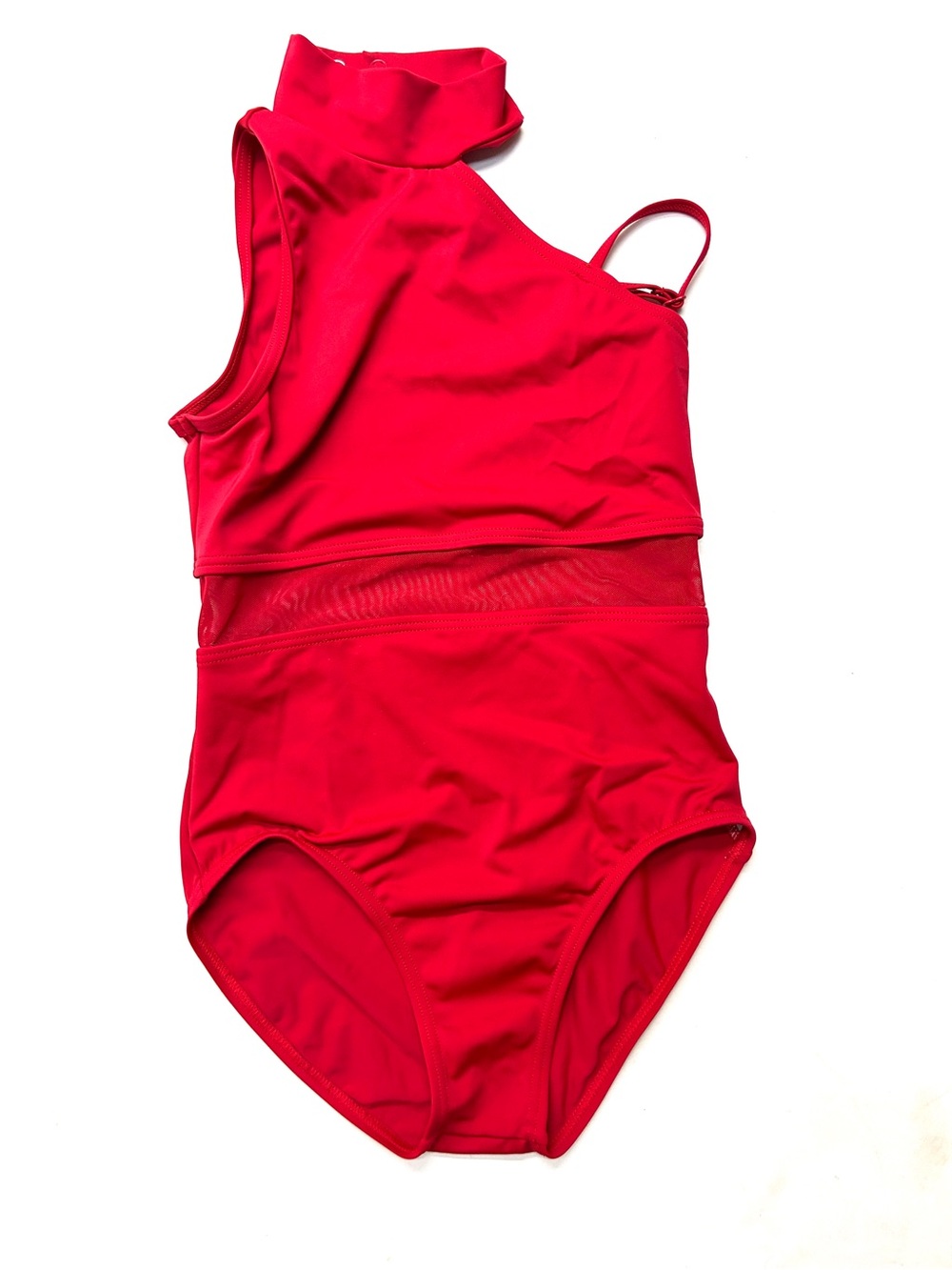 Balera Bright Red One-Shoulder One-Piece Leotard Dance Gymnastics Mesh High Neck